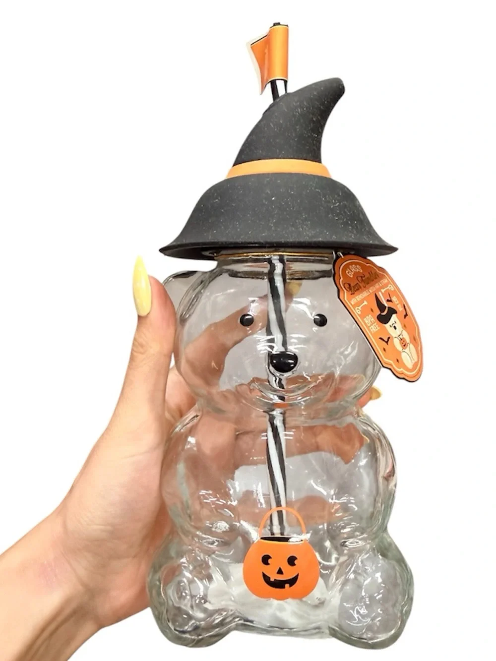 Halloween Witch Hat Bear Glass Jar with Orange Pumpkin Charm